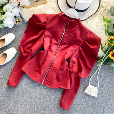 Bluză de damă modernă cu fermoar și mâneci bufante în mai multe culori