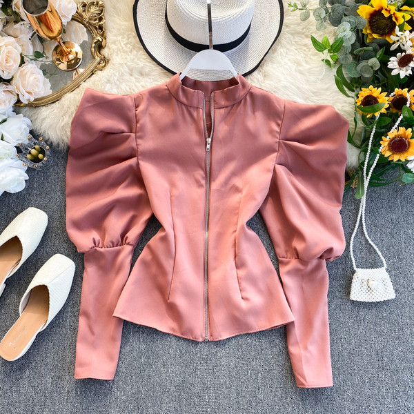 Bluză de damă modernă cu fermoar și mâneci bufante în mai multe culori