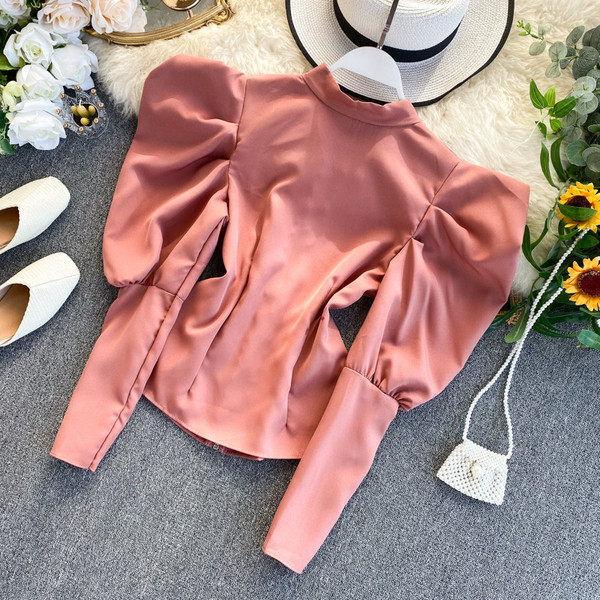 Bluză de damă modernă cu fermoar și mâneci bufante în mai multe culori