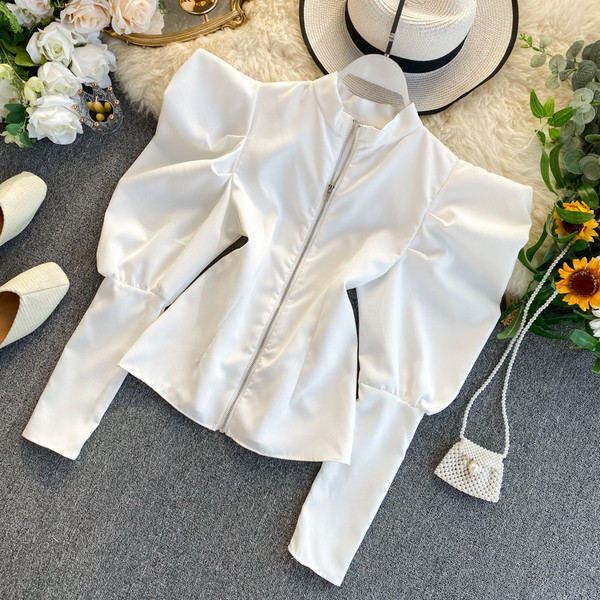 Bluză de damă modernă cu fermoar și mâneci bufante în mai multe culori