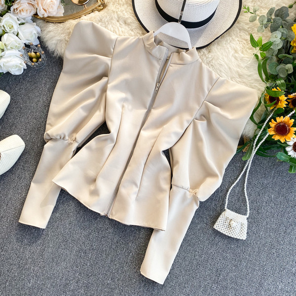 Bluză de damă modernă cu fermoar și mâneci bufante în mai multe culori