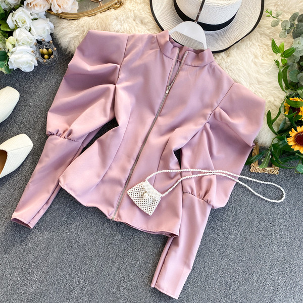 Bluză de damă modernă cu fermoar și mâneci bufante în mai multe culori