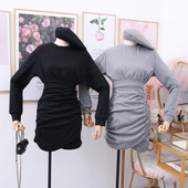 Rochie casual de dama, cu maneci lungi si decolteu rotund, de culoare gri si negru