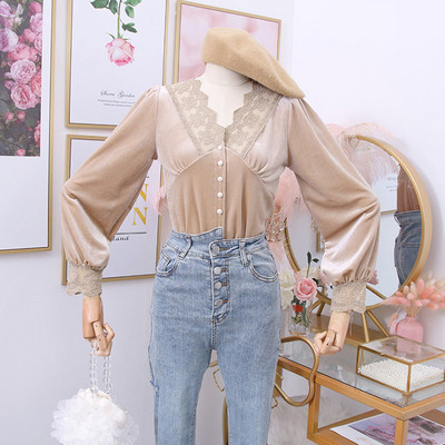 Cămașă de damă modernă din catifea cu dantelă și nasturi - mai multe culori