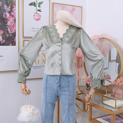 Cămașă de damă modernă din catifea cu dantelă și nasturi - mai multe culori