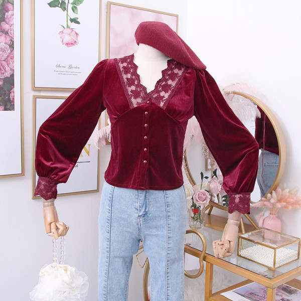 Cămașă de damă modernă din catifea cu dantelă și nasturi - mai multe culori