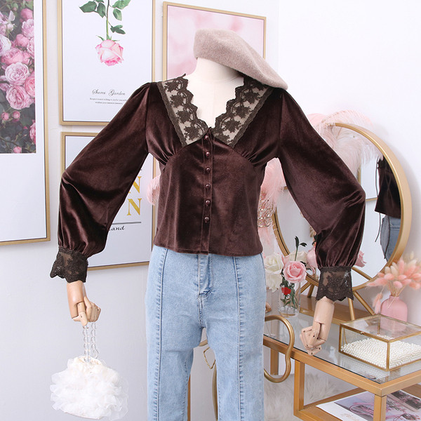 Cămașă de damă modernă din catifea cu dantelă și nasturi - mai multe culori