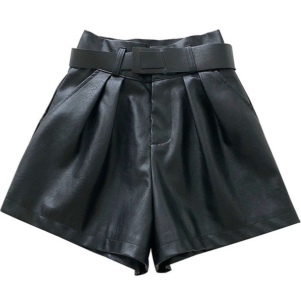 Pantaloni scurți din piele negru și bej cu talie înaltă