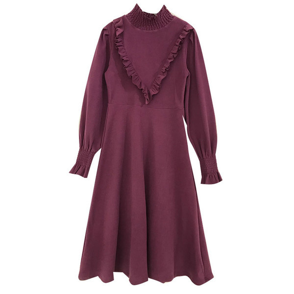 Rochie moderna de dama cu guler inalt si maneci late in roz, maro si negru