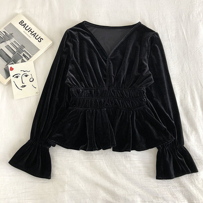 Bluză de damă modernă din catifea cu decolteu în V și mâneci lotus