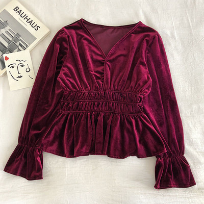 Bluză de damă modernă din catifea cu decolteu în V și mâneci lotus