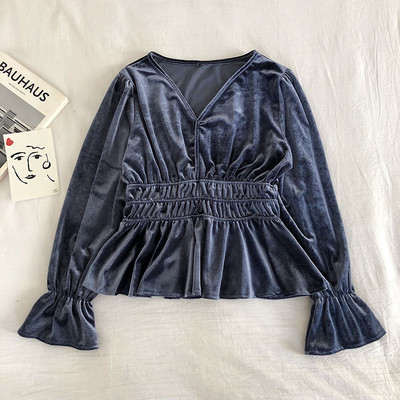 Bluză de damă modernă din catifea cu decolteu în V și mâneci lotus