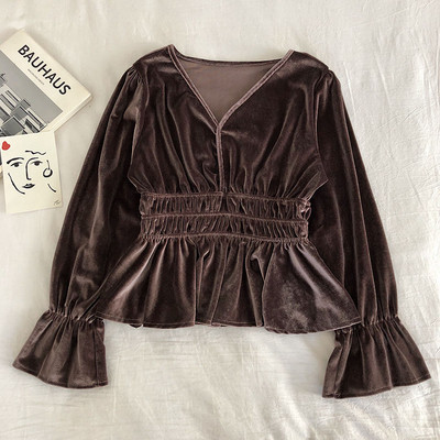 Bluză de damă modernă din catifea cu decolteu în V și mâneci lotus