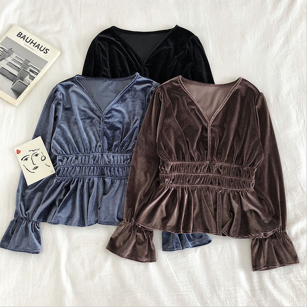 Bluză de damă modernă din catifea cu decolteu în V și mâneci lotus