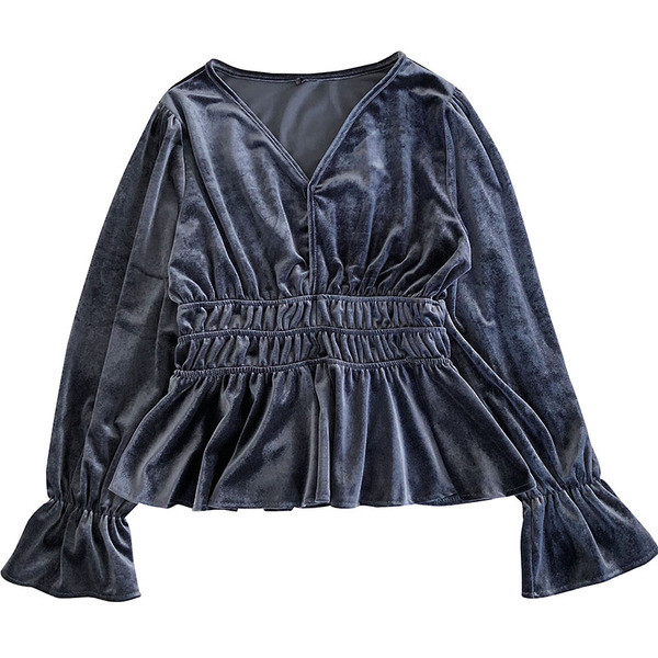 Bluză de damă modernă din catifea cu decolteu în V și mâneci lotus
