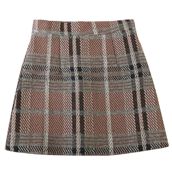 Fusta scurta dama in carouri in trei culori cu talie inalta si fermoar