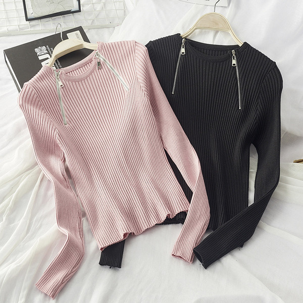 Bluză de iarnă de damă din catifea cu fermoare în negru și roz