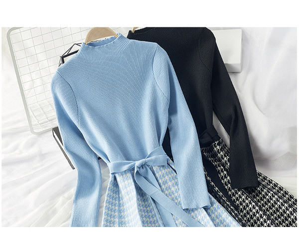 Rochie de dama de toamna-iarna cu maneci lungi in negru si albastru