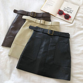 Fusta de dama eleganta din piele in trei culori cu buzunare si curea