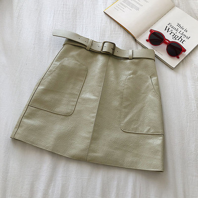 Fusta de dama eleganta din piele in trei culori cu buzunare si curea