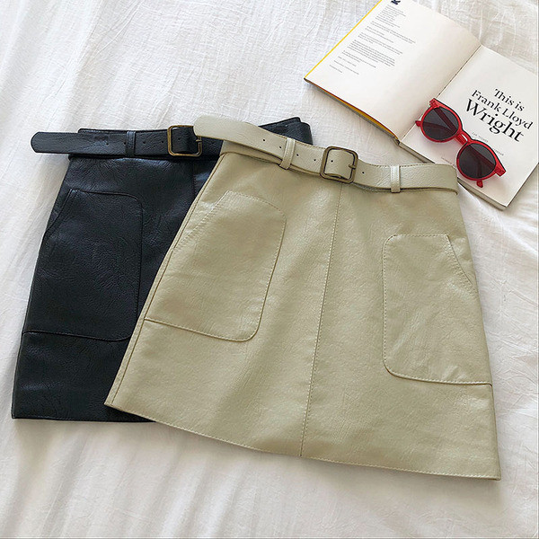 Fusta de dama eleganta din piele in trei culori cu buzunare si curea