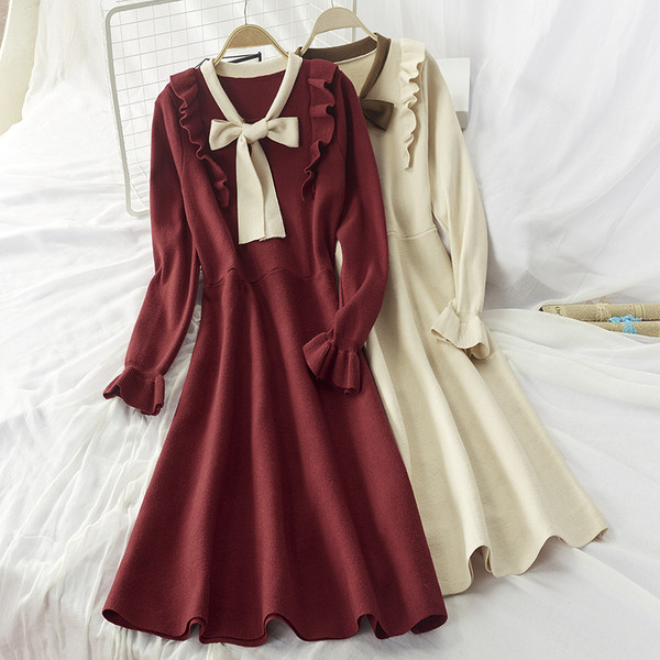 Rochie de iarna de dama croita cu panglica la guler