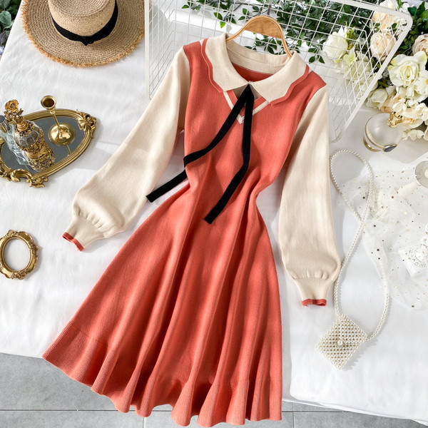 Rochie de iarna de dama moderna tricotata cu guler