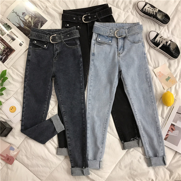 Blugi de dama moderni Model slim cu curea si buzunare