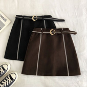 Fusta eleganta de dama in negru si maro cu curea
