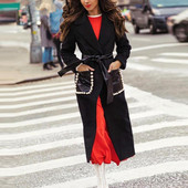 Palton lung de dama cu centura de piele si buzunare cu element sidefat