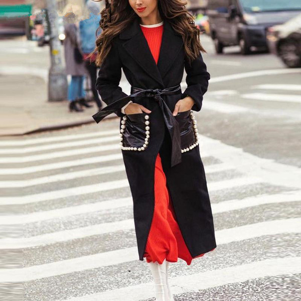 Palton lung de dama cu centura de piele si buzunare cu element sidefat