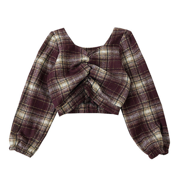 Bluză scurtă de damă în carouri în trei culori cu decolteu în V