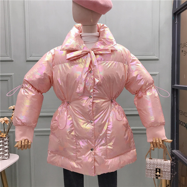 Geaca de iarna de dama cu nasturi si buzunare in roz, alb si bej