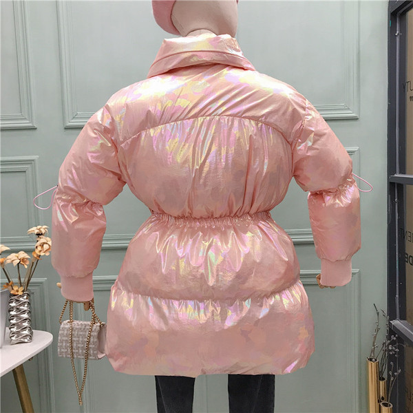 Geaca de iarna de dama cu nasturi si buzunare in roz, alb si bej