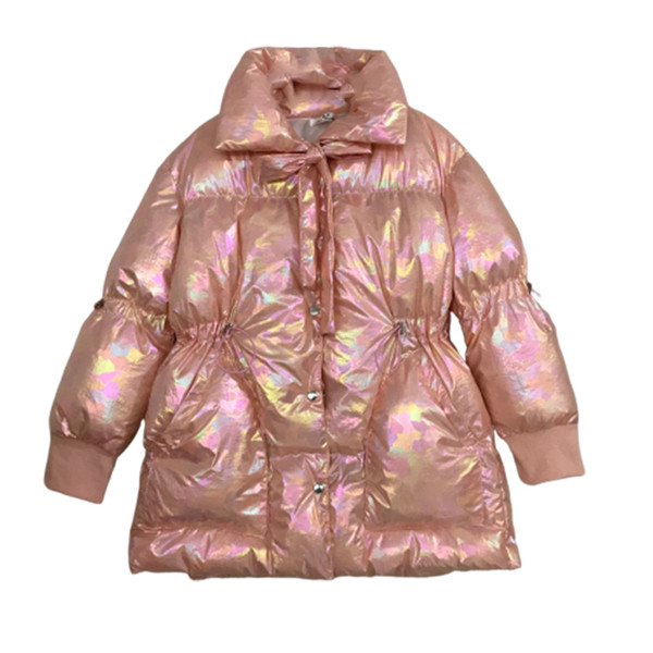 Geaca de iarna de dama cu nasturi si buzunare in roz, alb si bej