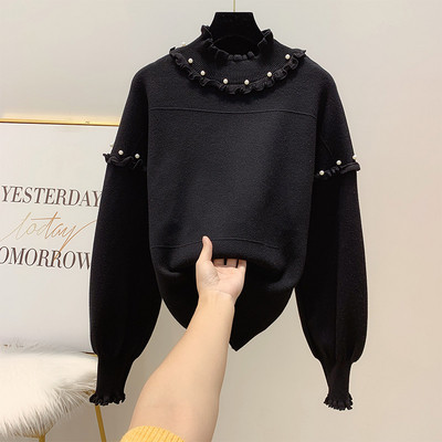 Pulover de dama cu decor sidefat si guler jos