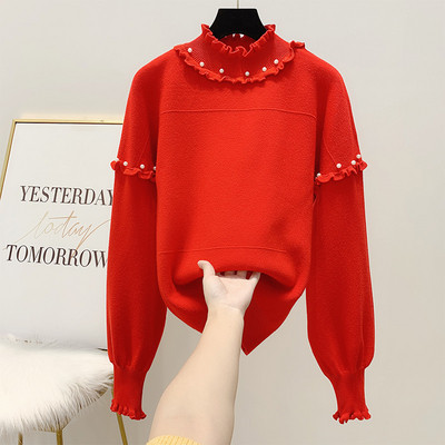 Pulover de dama cu decor sidefat si guler jos