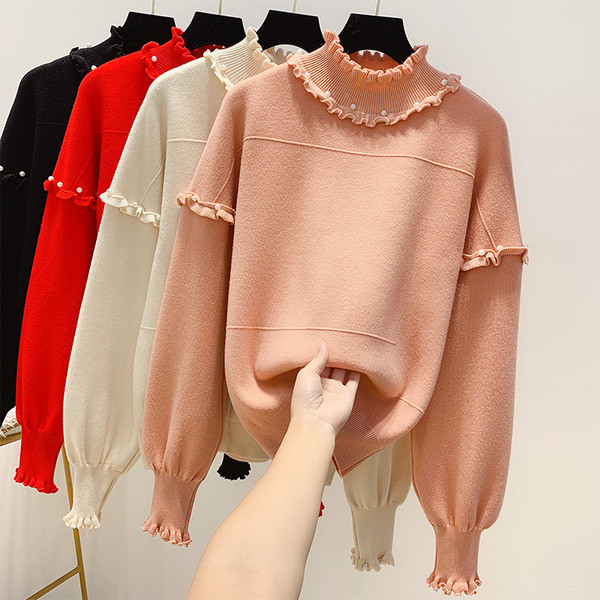 Pulover de dama cu decor sidefat si guler jos