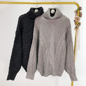 Pulover lung de iarnă cu guler polo în gri și negru