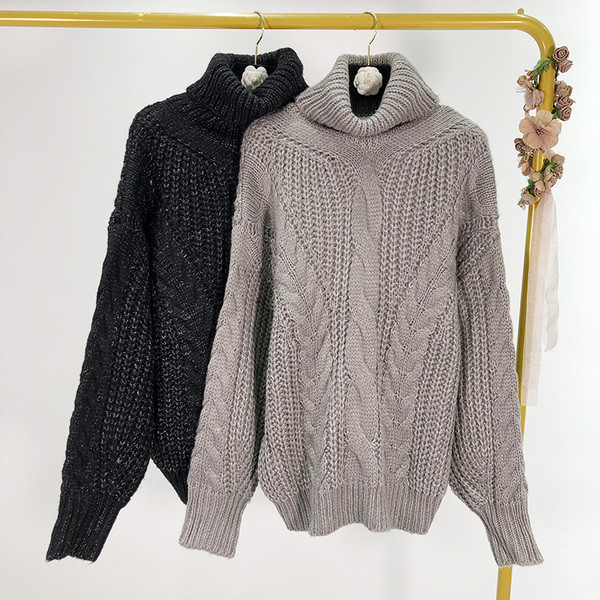 Pulover lung de iarnă cu guler polo în gri și negru