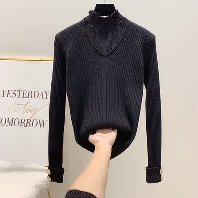 Pulover de dama cu dantela si nasturi la maneci in culorile roz, alb, galben si negru