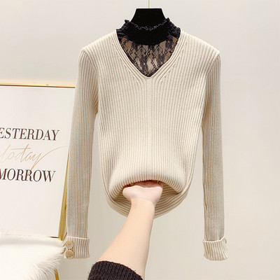 Pulover de dama cu dantela si nasturi la maneci in culorile roz, alb, galben si negru