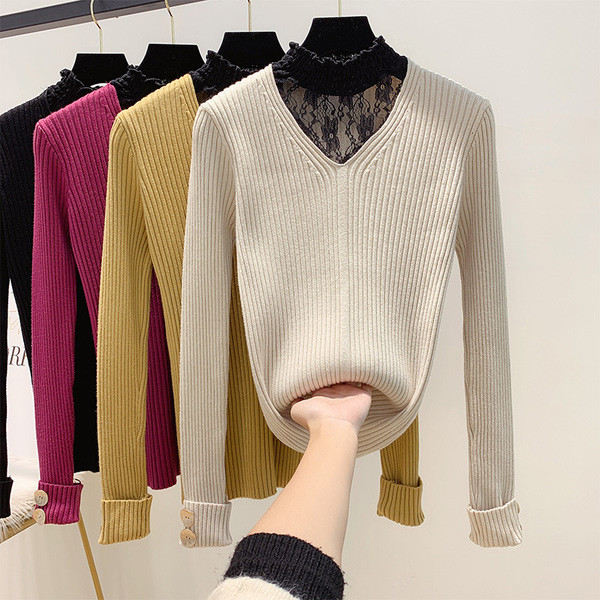 Pulover de dama cu dantela si nasturi la maneci in culorile roz, alb, galben si negru