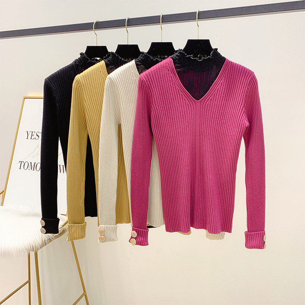 Pulover de dama cu dantela si nasturi la maneci in culorile roz, alb, galben si negru