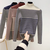 Pulover de damă în dungi cu guler polo în alb, negru și maro