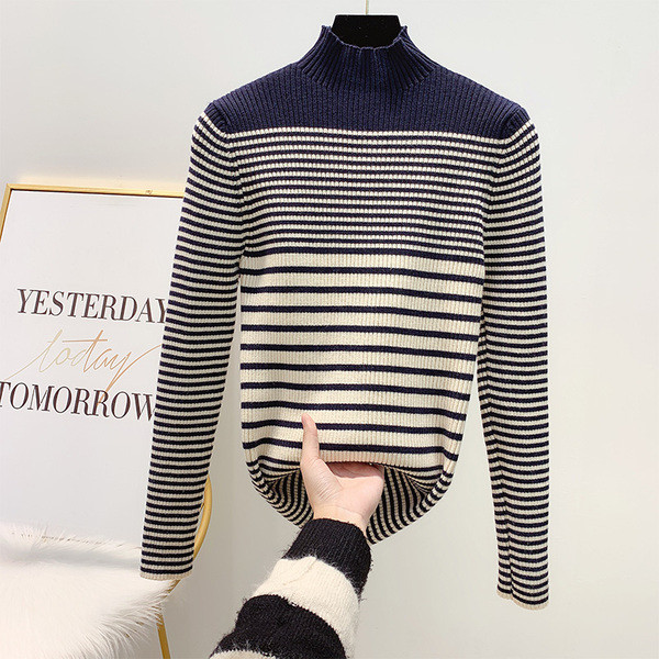 Pulover de damă în dungi cu guler polo în alb, negru și maro