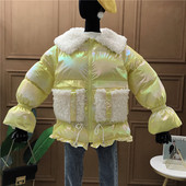 Geaca de iarna de dama cu buzunare si guler clasic pufos in alb, galben, roz si verde