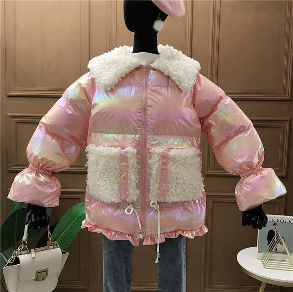 Geaca de iarna de dama cu buzunare si guler clasic pufos in alb, galben, roz si verde