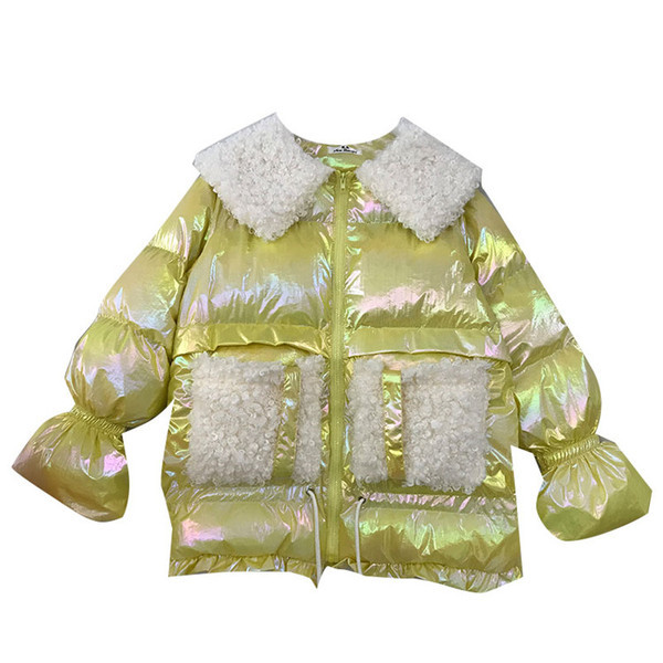 Geaca de iarna de dama cu buzunare si guler clasic pufos in alb, galben, roz si verde