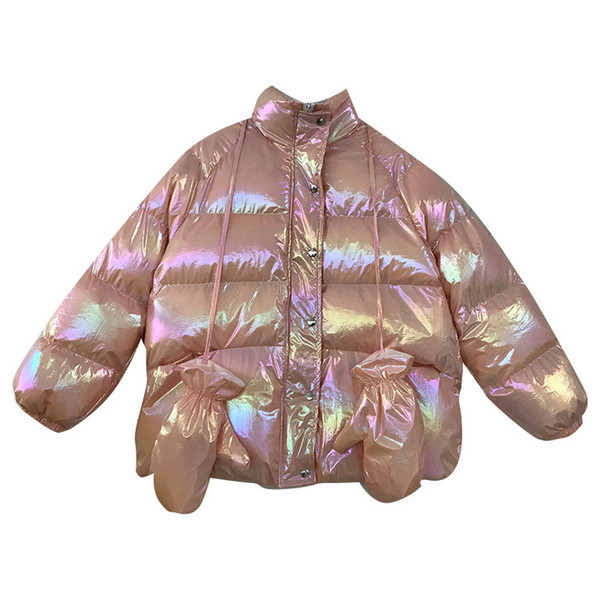 Geaca de iarna de dama moderna cu nasturi, fermoar si manusi roz, albastru si alb - model lat